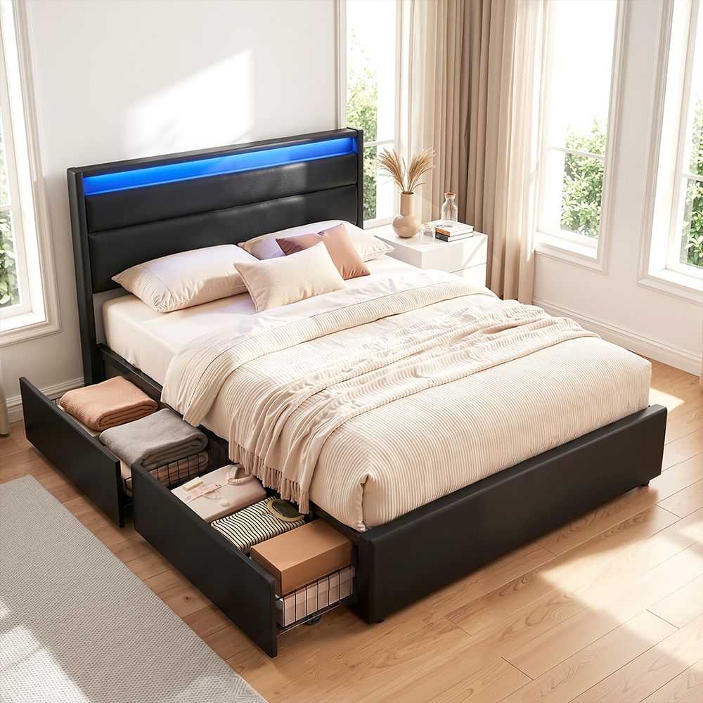 Artiss Bed Frame Double Size LED with 4 Drawers Black DUNN BFRAME-H-DUNN-D-BK-ABC