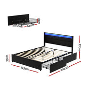 Artiss Bed Frame Double Size LED with 4 Drawers Black DUNN BFRAME-H-DUNN-D-BK-ABC