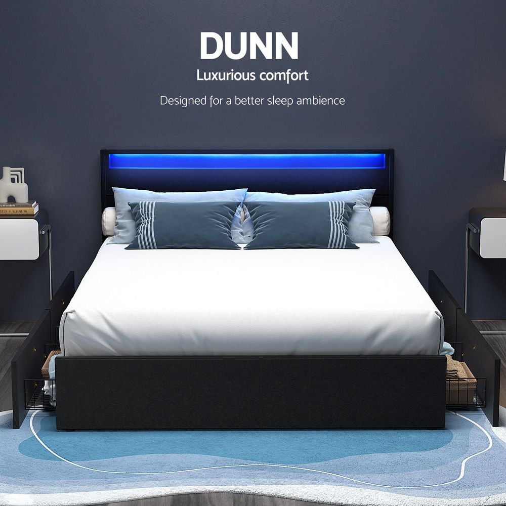 Artiss Bed Frame Double Size LED with 4 Drawers Black DUNN BFRAME-H-DUNN-D-BK-ABC