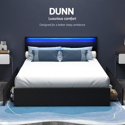 Artiss Bed Frame Double Size LED with 4 Drawers Black DUNN BFRAME-H-DUNN-D-BK-ABC