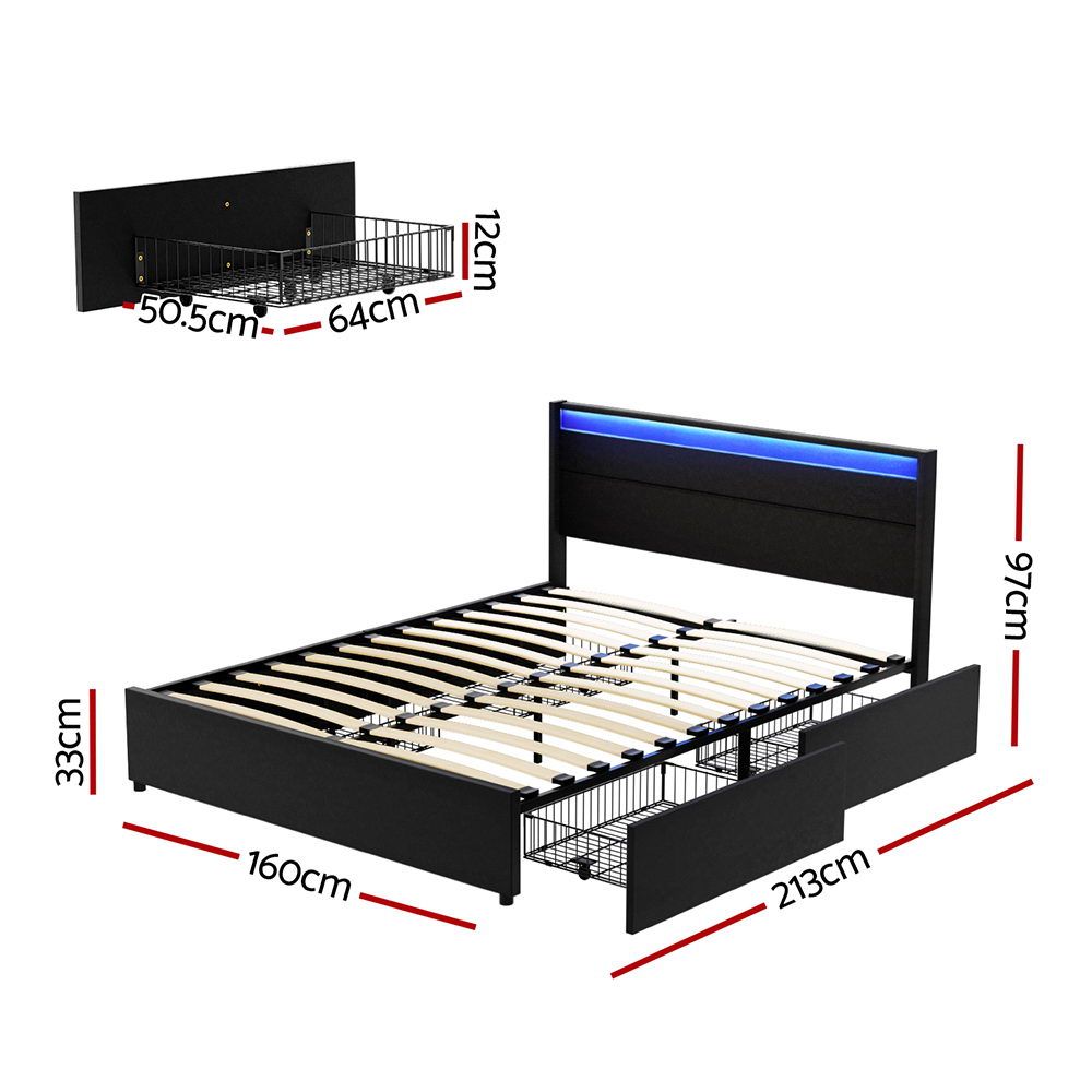 Artiss DUNN Black Queen LED Storage Bed Frame BFRAME-H-DUNN-Q-BK-ABC