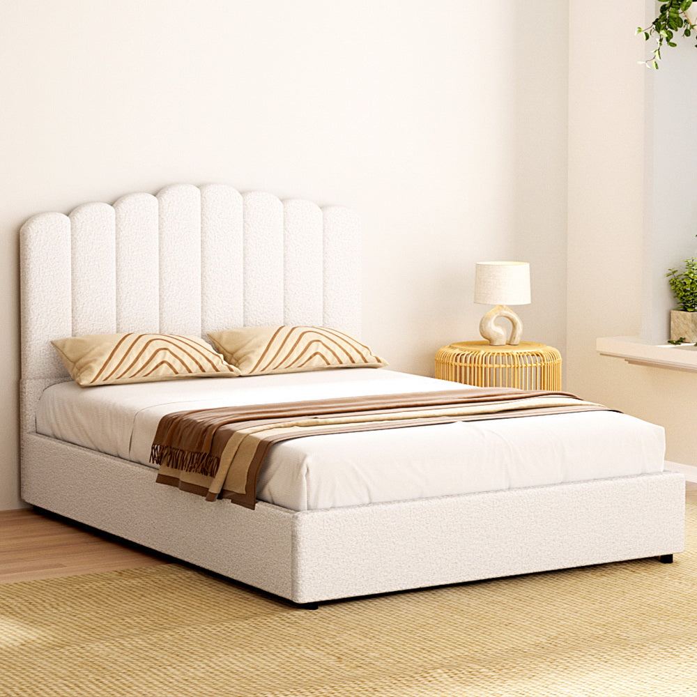 Artiss FION Beige Boucle Double Gas Lift Bed Frame