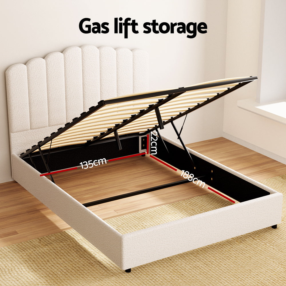 Artiss FION Beige Boucle Double Gas Lift Bed Frame