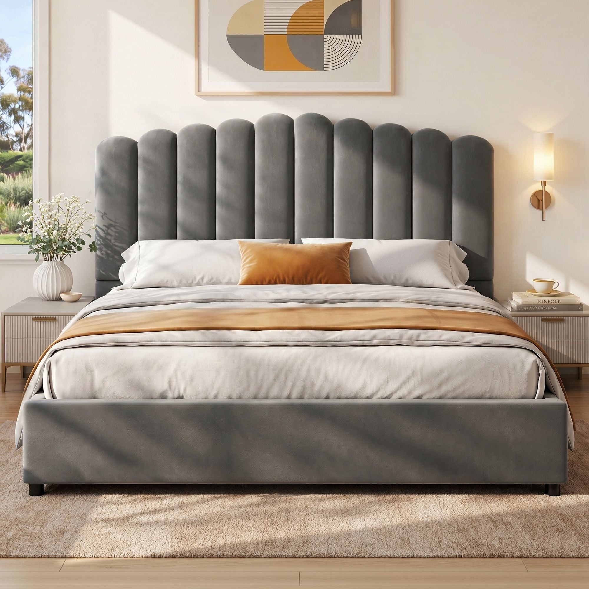 Artiss FION Grey King Velvet Gas Lift Bed Frame