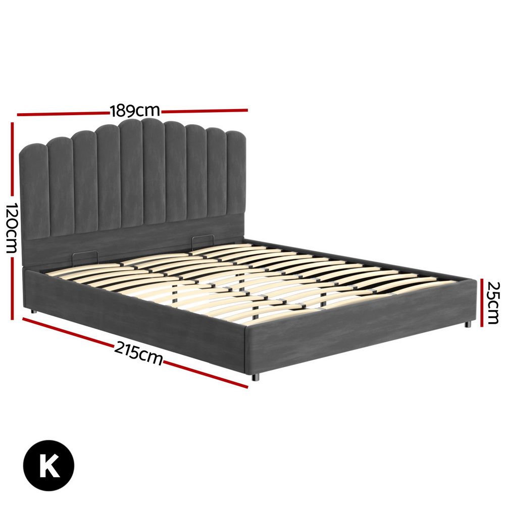 Artiss FION Grey King Velvet Gas Lift Bed Frame