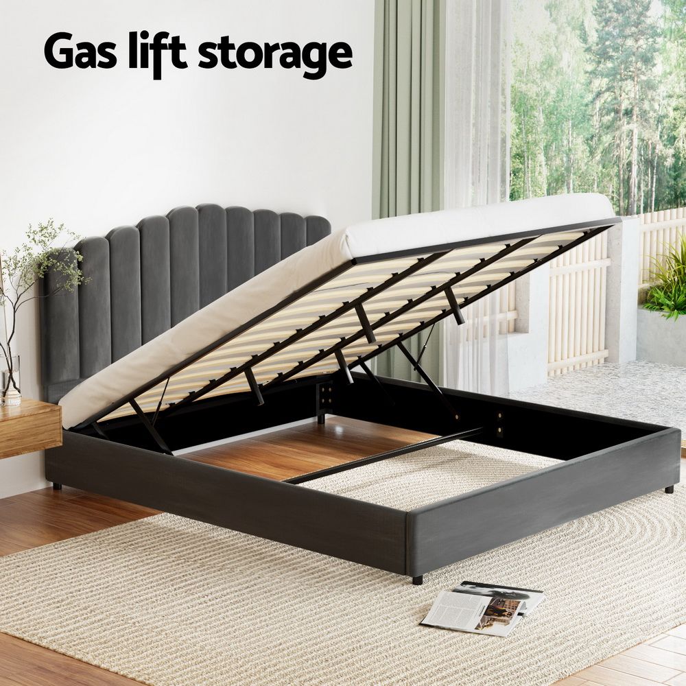Artiss FION Grey King Velvet Gas Lift Bed Frame
