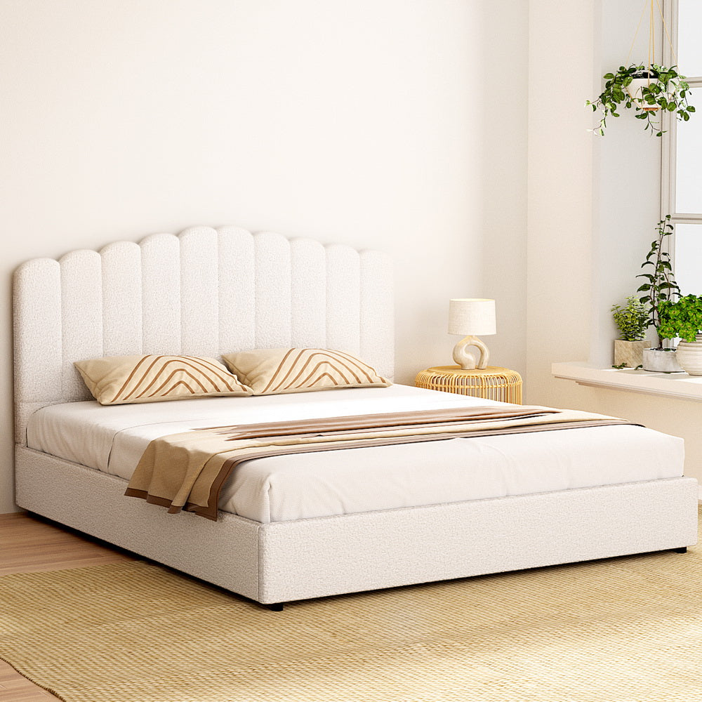 Artiss FION Beige Boucle King Gas Lift Bed Frame BFRAME-H-FION-K-WH-ABC