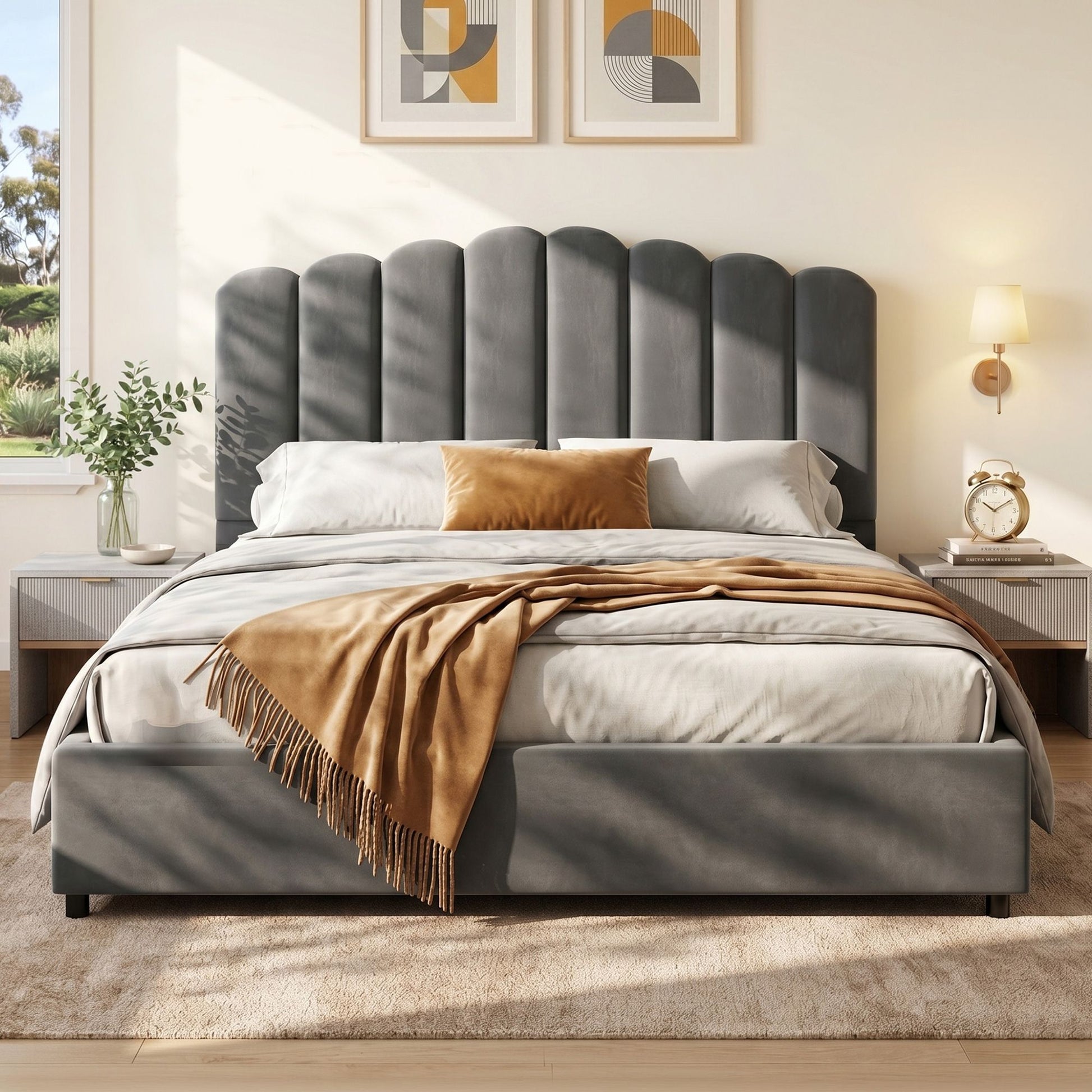 Artiss Bed Frame Queen Size Velvet Grey FION BFRAME-H-FION-Q-GY-ABC