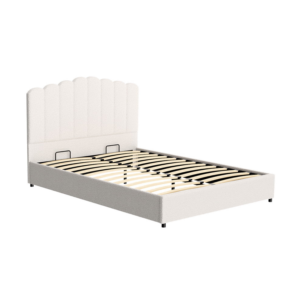 Artiss FION White Boucle Queen Gas Lift Bed Frame