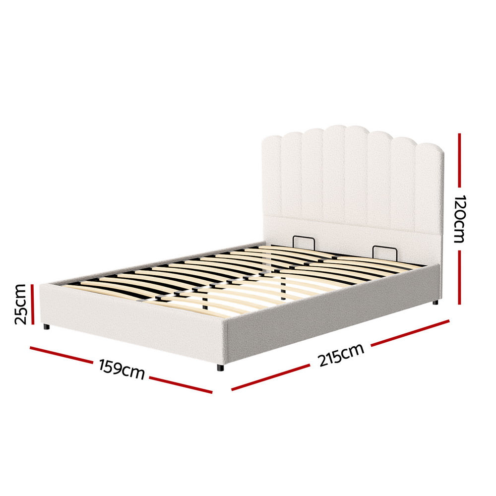 Artiss FION White Boucle Queen Gas Lift Bed Frame