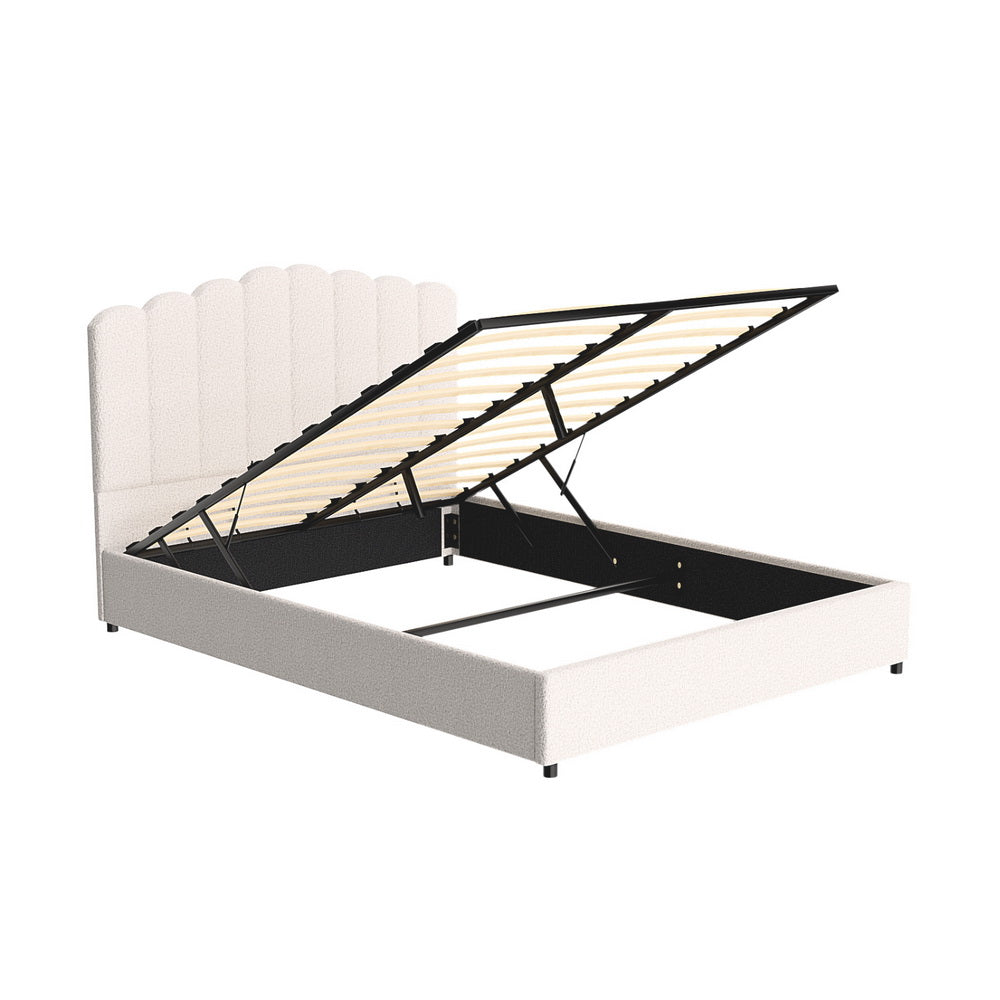 Artiss FION White Boucle Queen Gas Lift Bed Frame