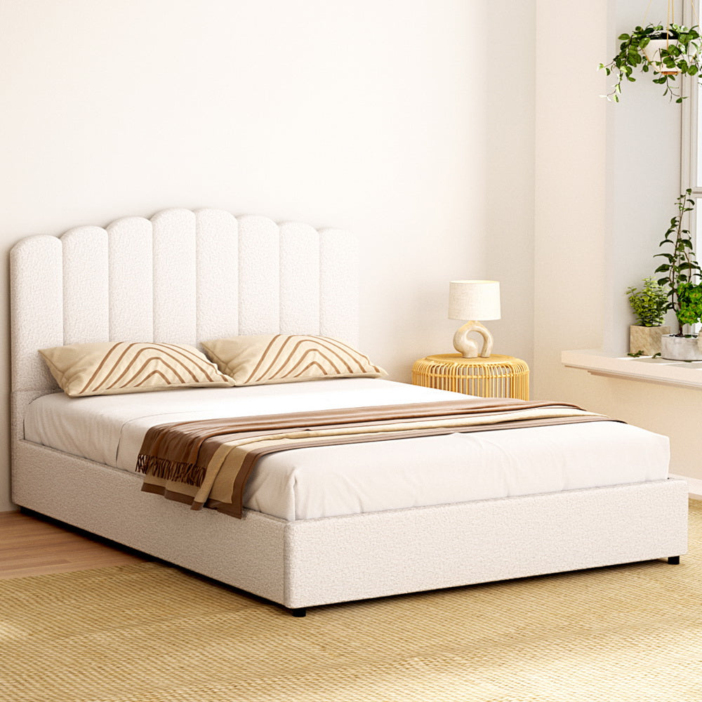Artiss FION White Boucle Queen Gas Lift Bed Frame