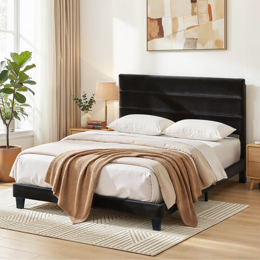 Artiss Double Bed Frame Upholstered Platform Base with Geometric Headboard Black Velvet BFRAME-H-HUSH-D-BK-AB