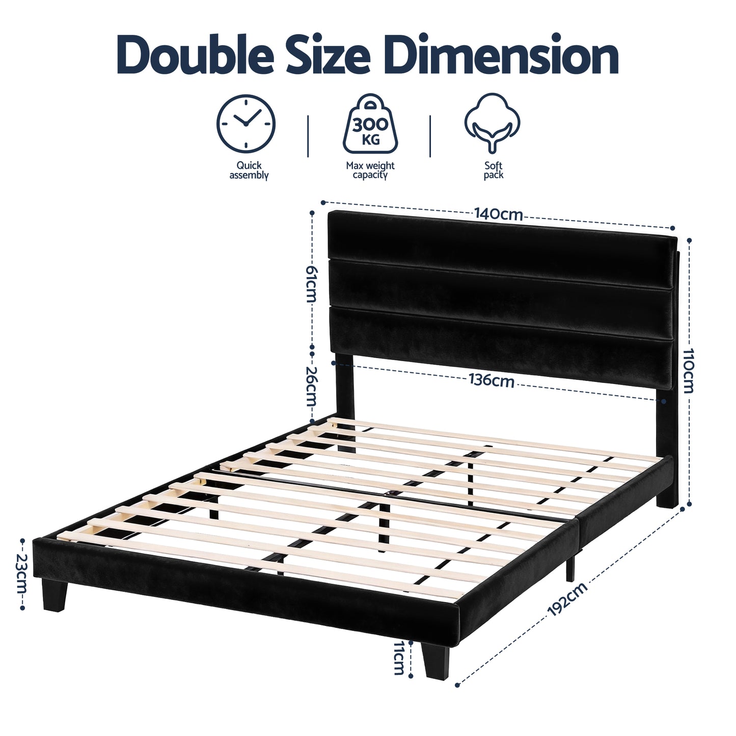 Artiss Double Bed Frame Upholstered Platform Base with Geometric Headboard Black Velvet BFRAME-H-HUSH-D-BK-AB