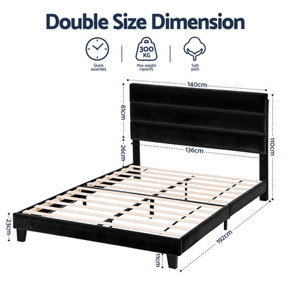 Artiss Double Bed Frame Upholstered Platform Base with Geometric Headboard Black Velvet BFRAME-H-HUSH-D-BK-AB