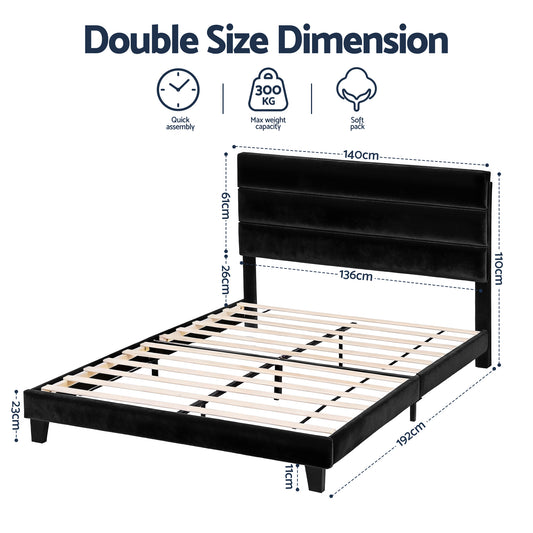 Artiss Double Bed Frame Upholstered Platform Base with Geometric Headboard Black Velvet BFRAME-H-HUSH-D-BK-AB