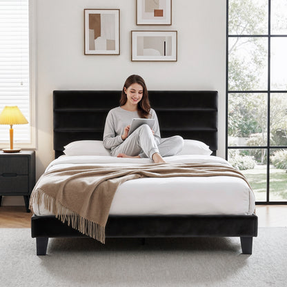 Artiss Double Bed Frame Upholstered Platform Base with Geometric Headboard Black Velvet BFRAME-H-HUSH-D-BK-AB