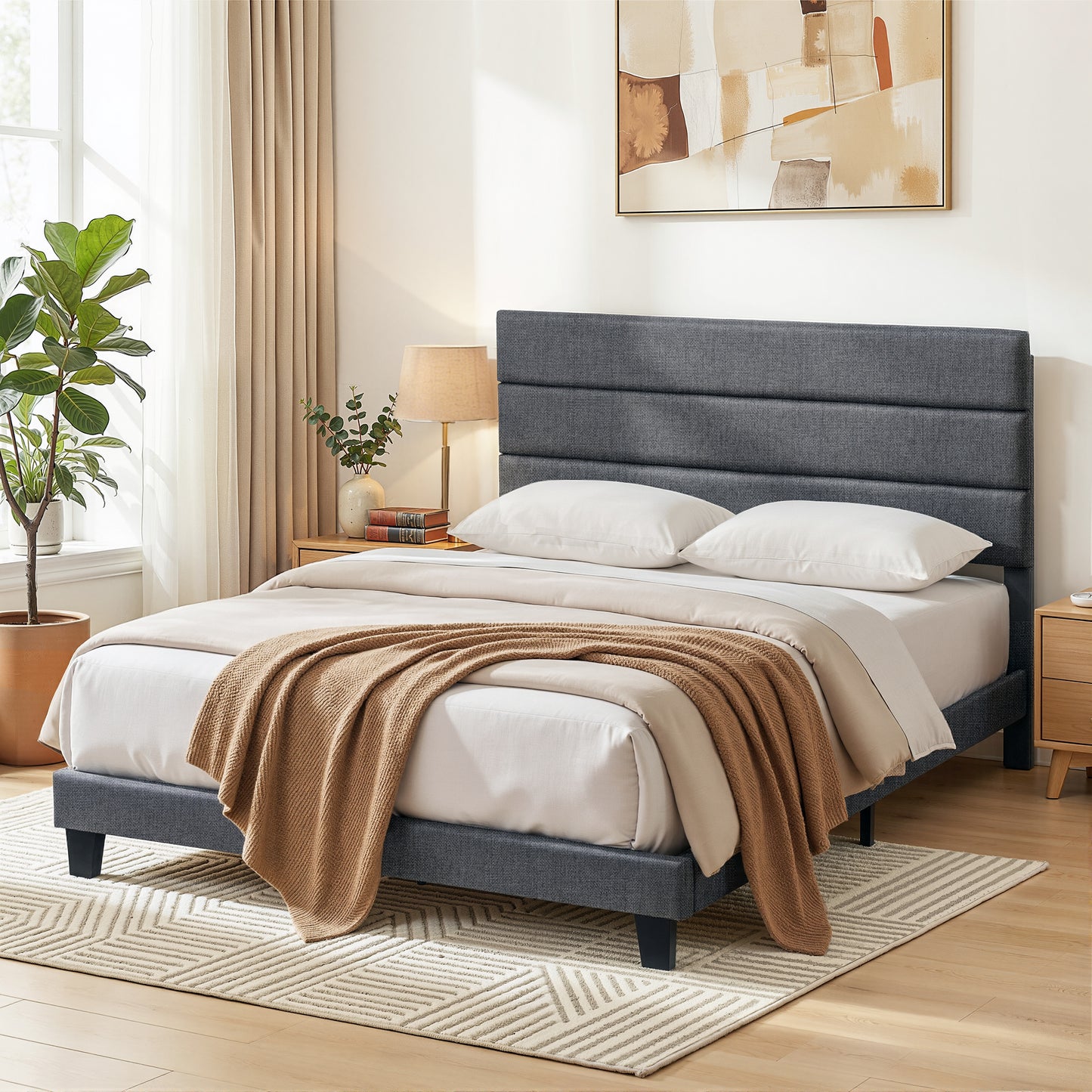 Artiss Double Bed Frame Upholstered Platform Base with Geometric Headboard Charcoal Grey Linen Wood Slats for BFRAME-H-HUSH-D-CA-AB