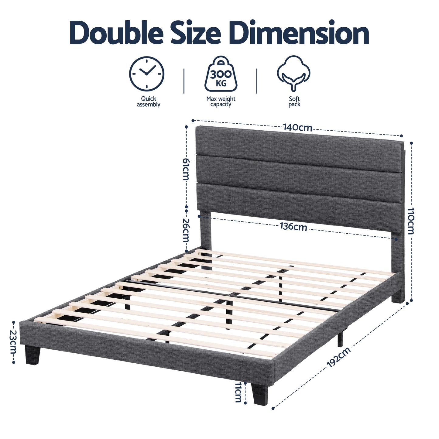 Artiss Double Bed Frame Upholstered Platform Base with Geometric Headboard Charcoal Grey Linen Wood Slats for BFRAME-H-HUSH-D-CA-AB