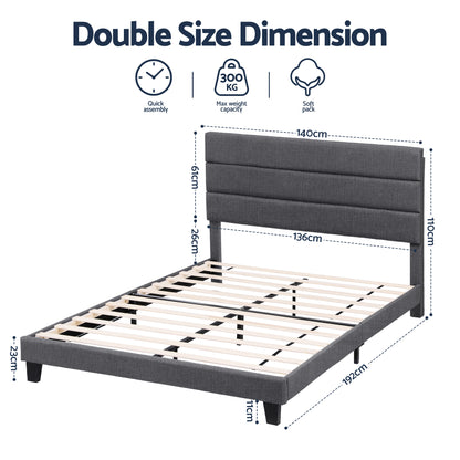 Artiss Double Bed Frame Upholstered Platform Base with Geometric Headboard Charcoal Grey Linen Wood Slats for BFRAME-H-HUSH-D-CA-AB