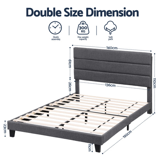 Artiss Double Bed Frame Upholstered Platform Base with Geometric Headboard Charcoal Grey Linen Wood Slats for BFRAME-H-HUSH-D-CA-AB