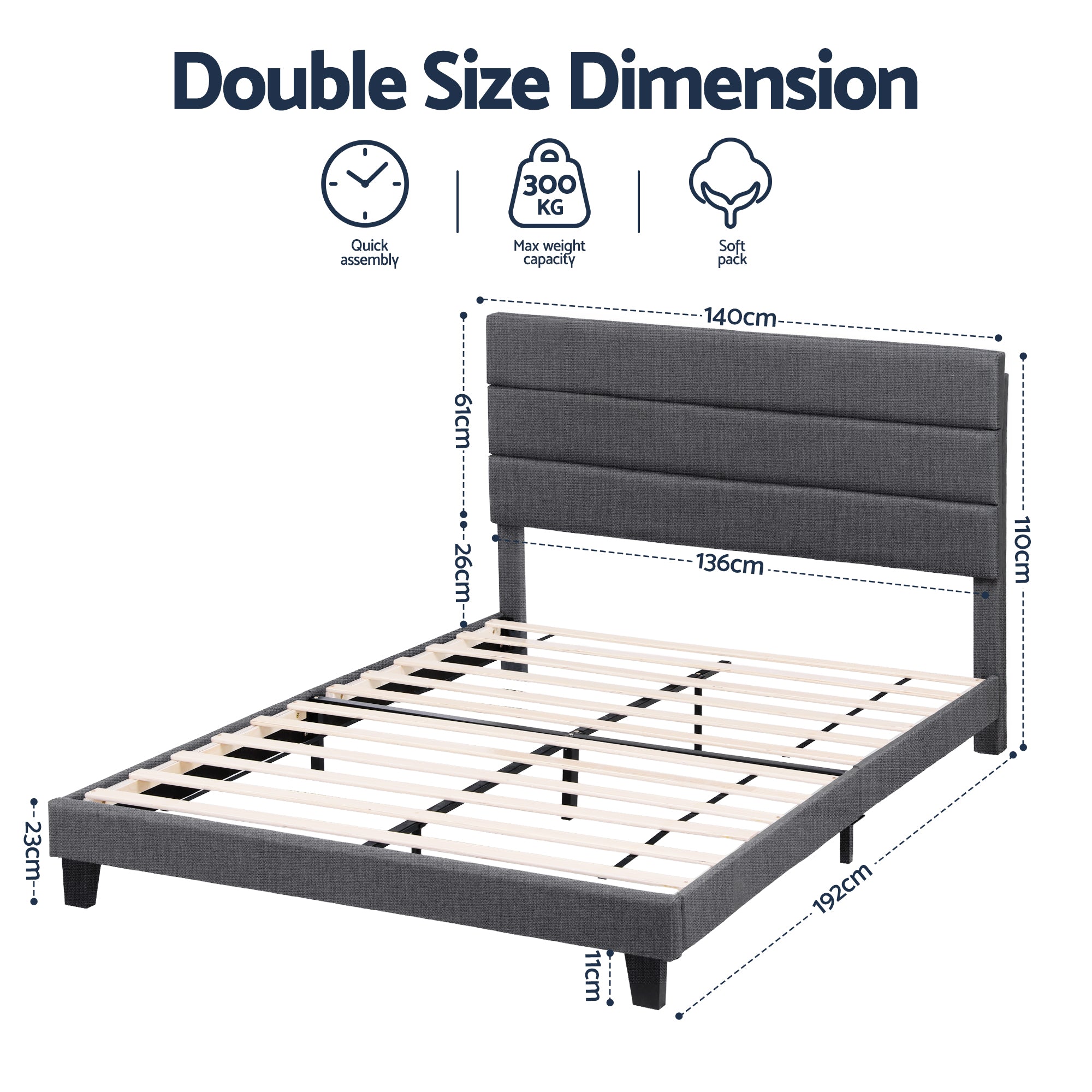 Artiss Double Bed Frame Upholstered Platform Base with Geometric Headboard Charcoal Grey Linen Wood Slats for Modern Bedroom Furniture Home Decor
