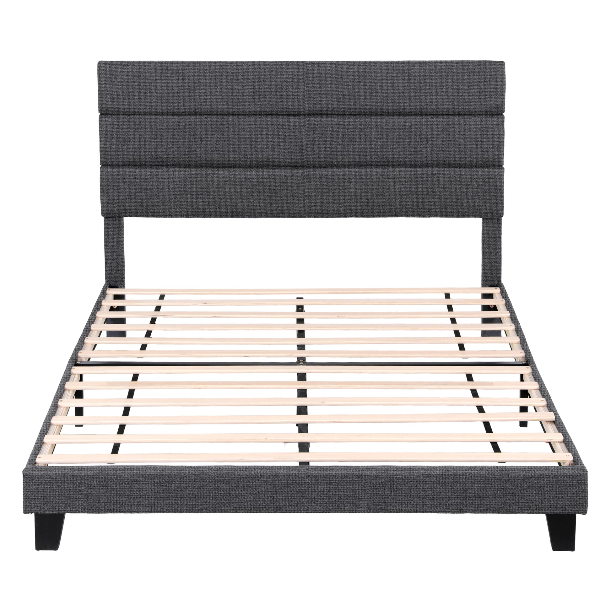 Artiss Double Bed Frame Upholstered Platform Base with Geometric Headboard Charcoal Grey Linen Wood Slats for BFRAME-H-HUSH-D-CA-AB