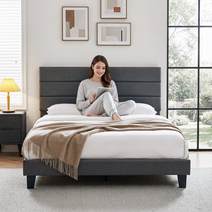 Artiss Double Bed Frame Upholstered Platform Base with Geometric Headboard Charcoal Grey Linen Wood Slats for BFRAME-H-HUSH-D-CA-AB
