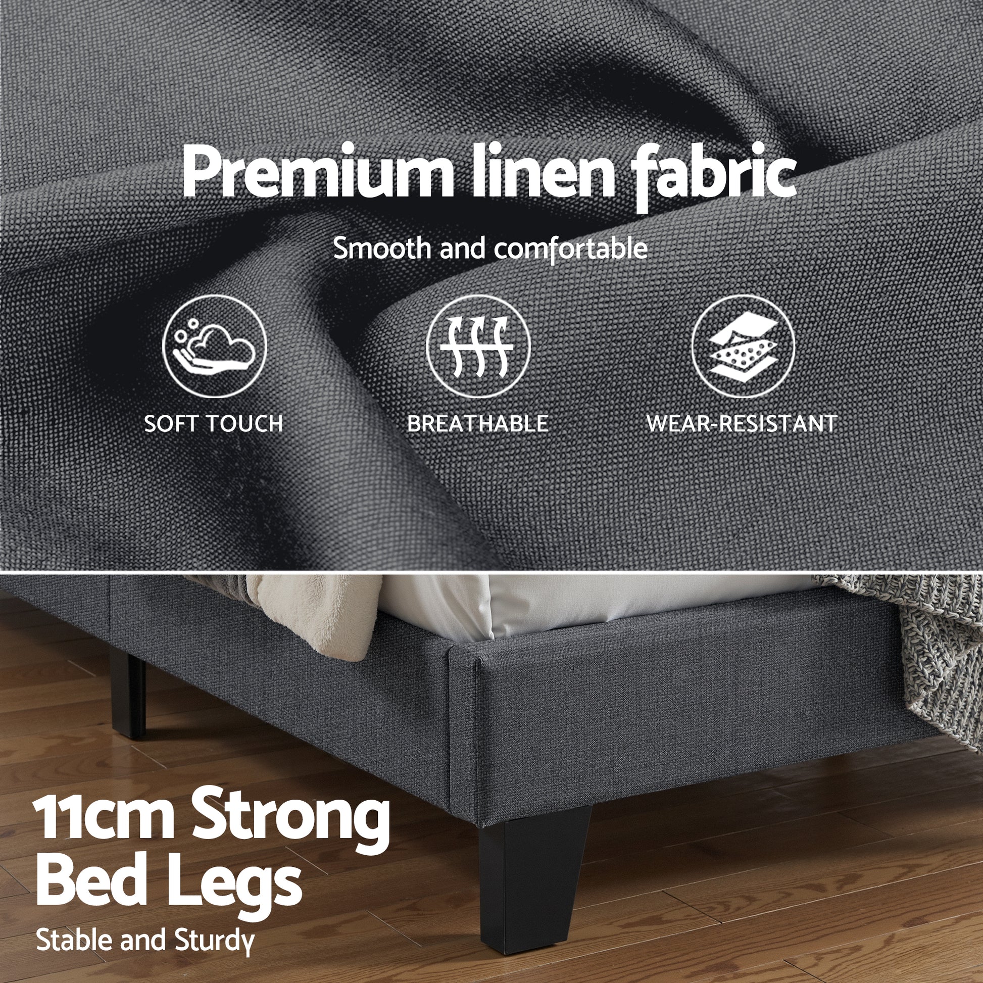 Artiss Double Bed Frame Upholstered Platform Base with Geometric Headboard Charcoal Grey Linen Wood Slats for BFRAME-H-HUSH-D-CA-AB