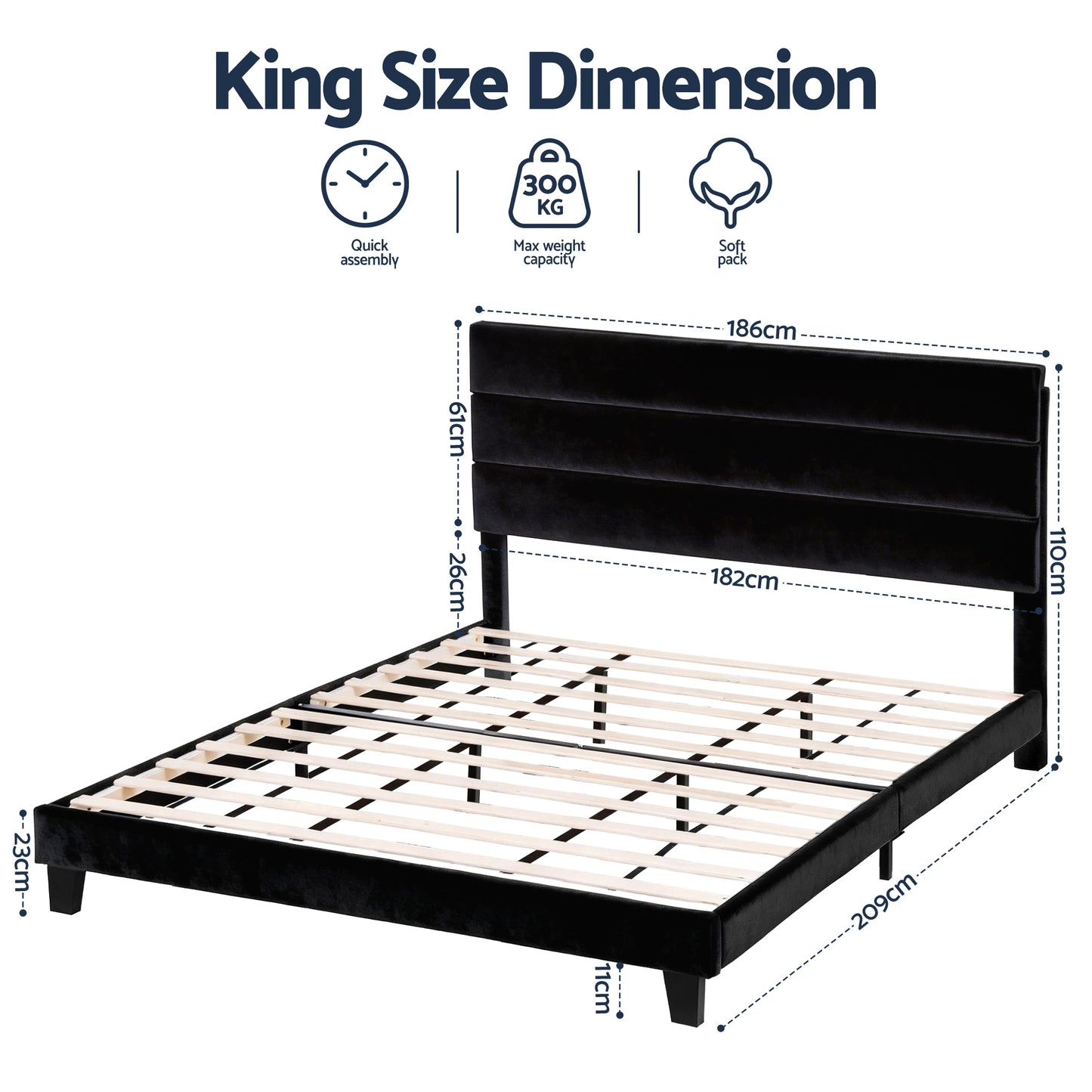 Artiss King Bed Frame Upholstered Platform Base with Geometric Headboard Black Velvet BFRAME-H-HUSH-K-BK-ABC