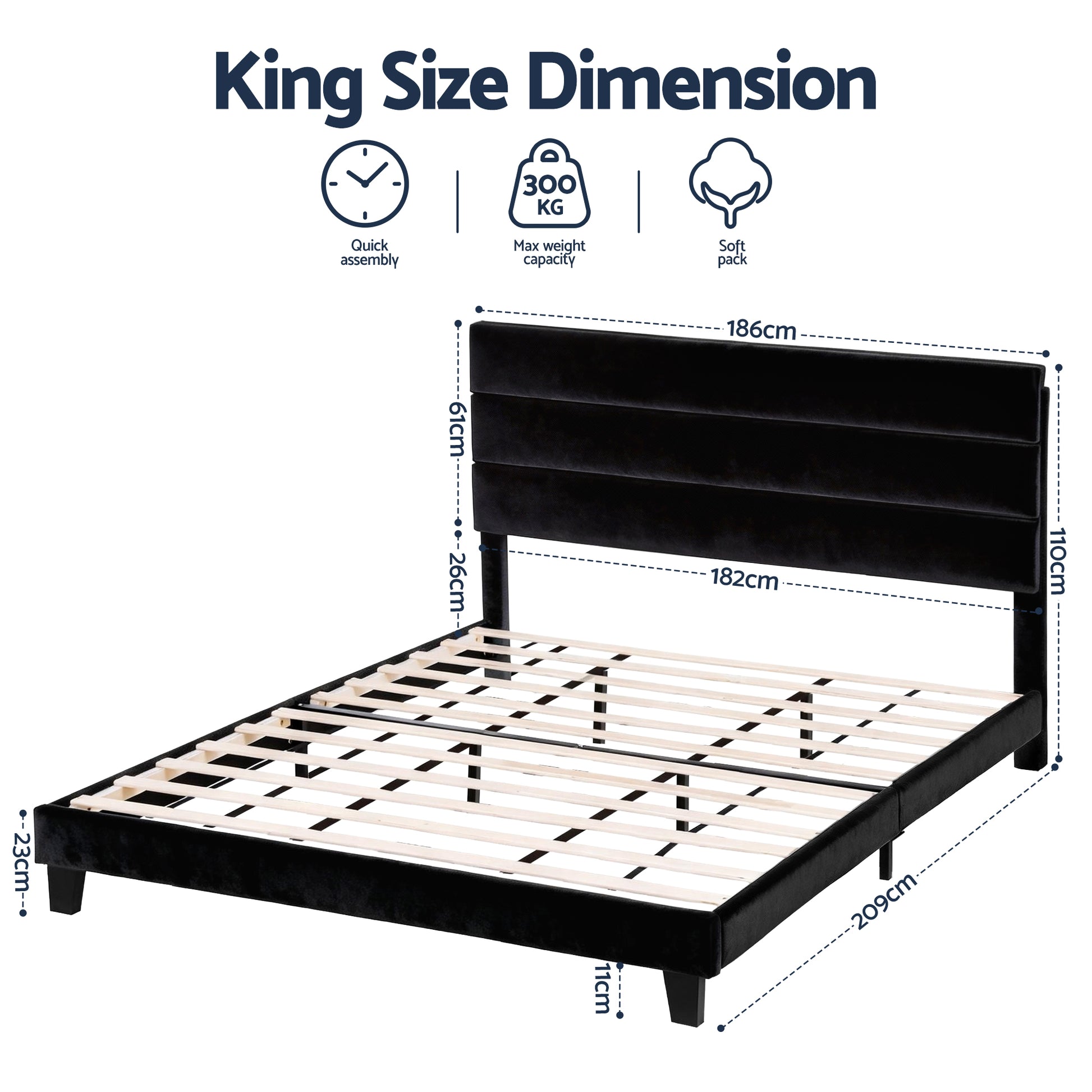 Artiss King Bed Frame Upholstered Platform Base with Geometric Headboard Black Velvet BFRAME-H-HUSH-K-BK-ABC