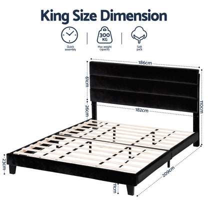 Artiss King Bed Frame Upholstered Platform Base with Geometric Headboard Black Velvet BFRAME-H-HUSH-K-BK-ABC