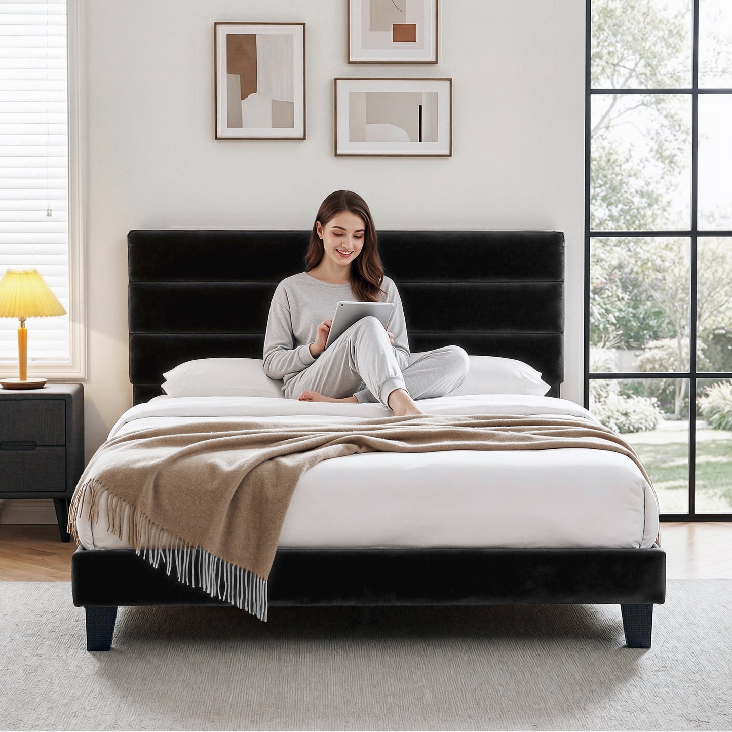 Artiss King Bed Frame Upholstered Platform Base with Geometric Headboard Black Velvet BFRAME-H-HUSH-K-BK-ABC
