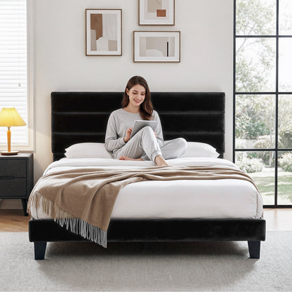Artiss King Bed Frame Upholstered Platform Base with Geometric Headboard Black Velvet BFRAME-H-HUSH-K-BK-ABC