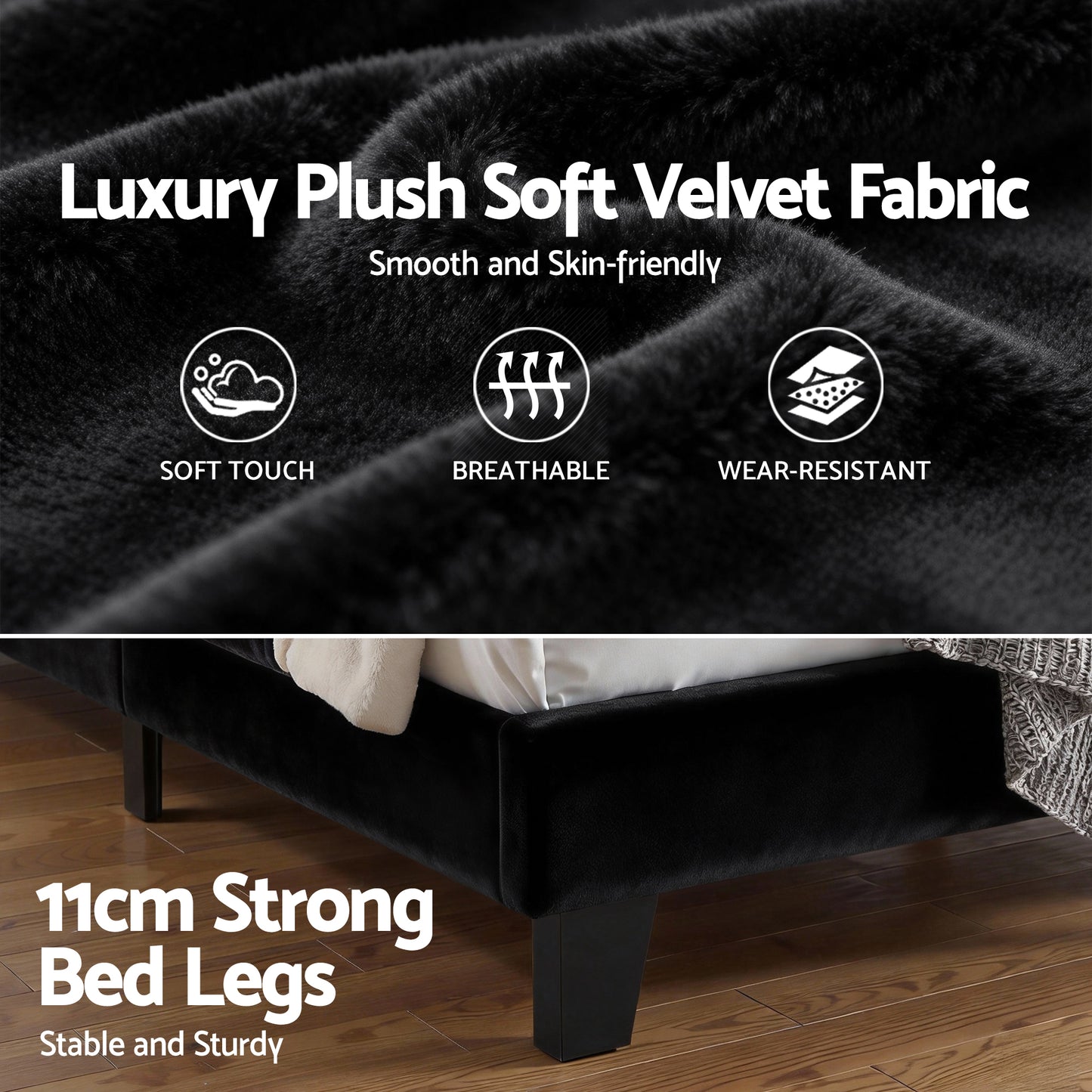 Artiss King Bed Frame Upholstered Platform Base with Geometric Headboard Black Velvet BFRAME-H-HUSH-K-BK-ABC
