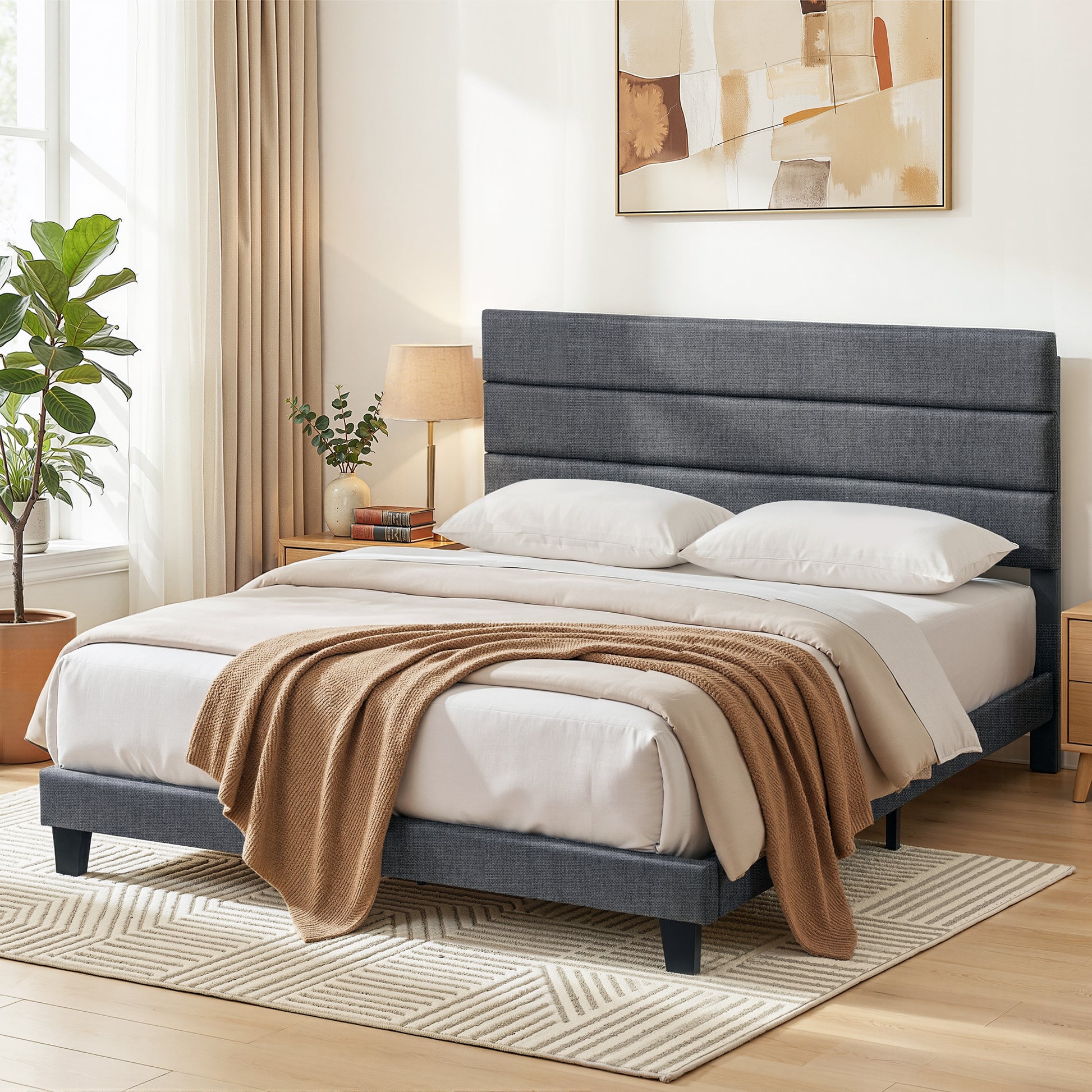 Artiss King Bed Frame Upholstered Platform Base with Geometric Headboard Charcoal Grey Linen Wood Slats for BFRAME-H-HUSH-K-CA-ABC
