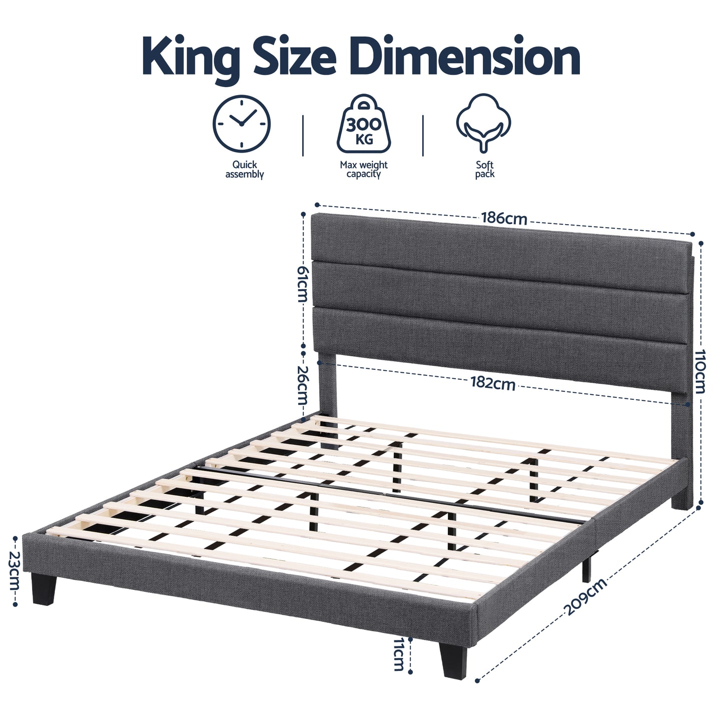 Artiss King Bed Frame Upholstered Platform Base with Geometric Headboard Charcoal Grey Linen Wood Slats for BFRAME-H-HUSH-K-CA-ABC