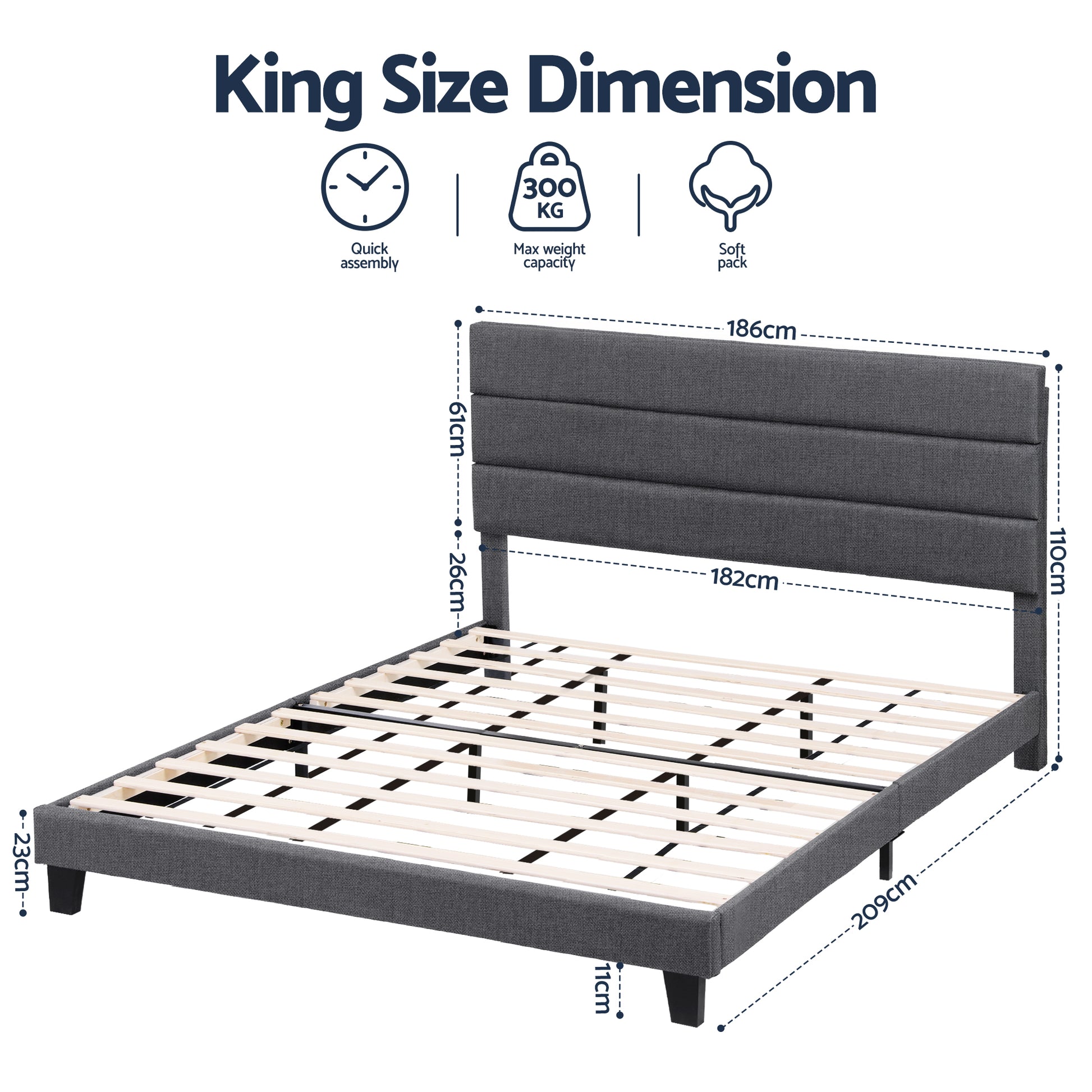Artiss King Bed Frame Upholstered Platform Base with Geometric Headboard Charcoal Grey Linen Wood Slats for BFRAME-H-HUSH-K-CA-ABC