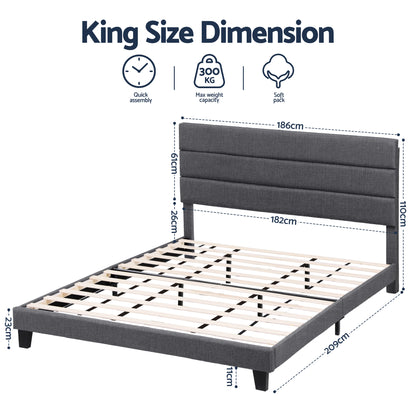 Artiss King Bed Frame Upholstered Platform Base with Geometric Headboard Charcoal Grey Linen Wood Slats for BFRAME-H-HUSH-K-CA-ABC
