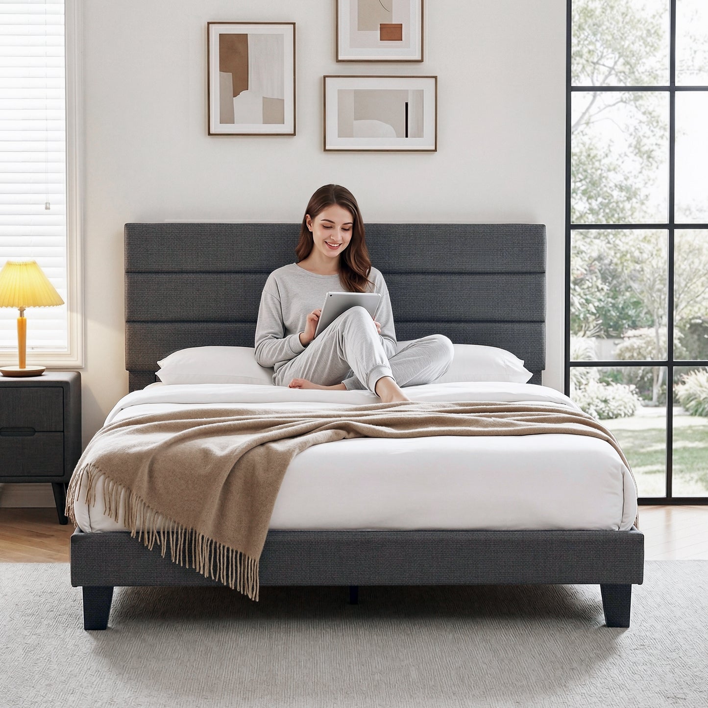 Artiss King Bed Frame Upholstered Platform Base with Geometric Headboard Charcoal Grey Linen Wood Slats for BFRAME-H-HUSH-K-CA-ABC