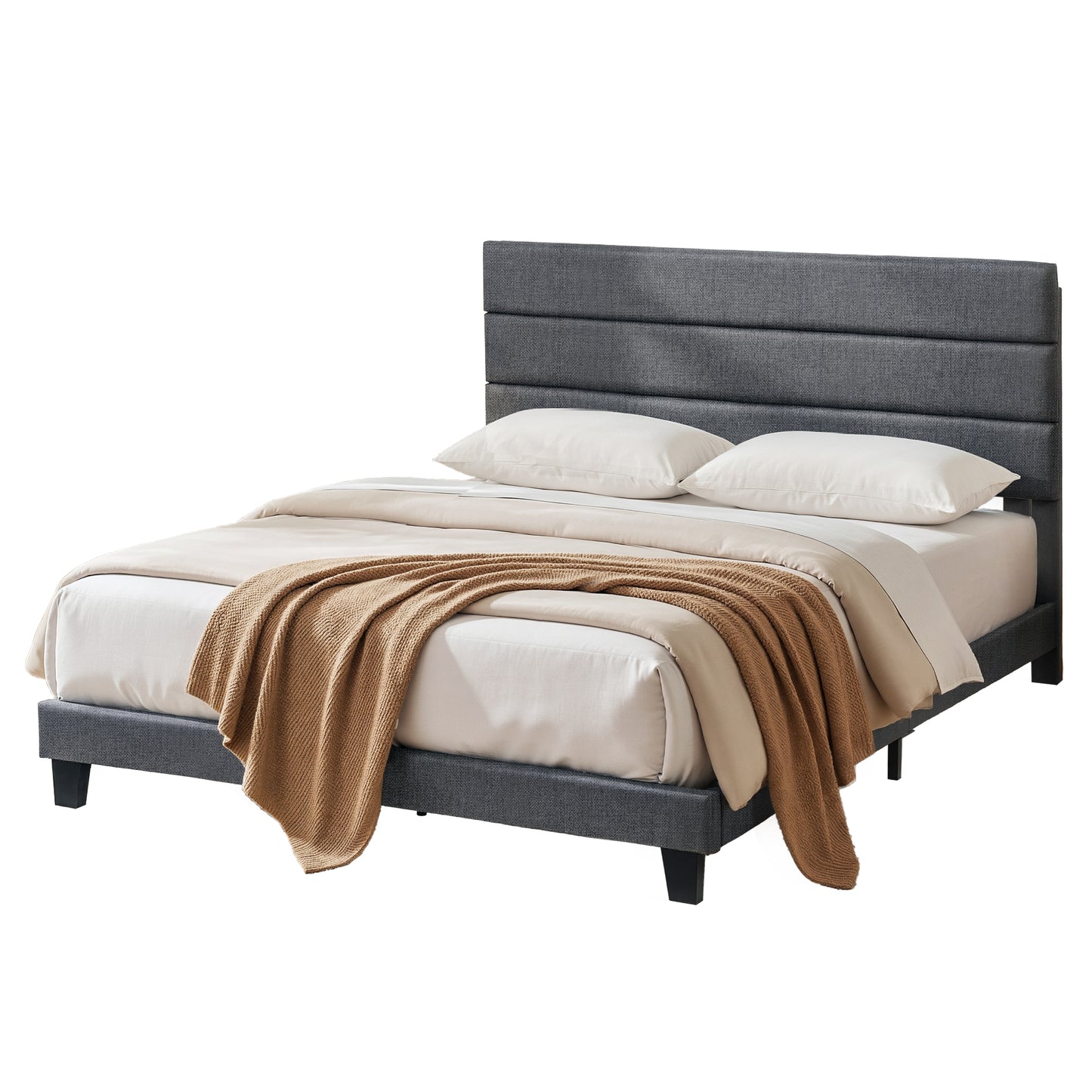 Artiss King Bed Frame Upholstered Platform Base with Geometric Headboard Charcoal Grey Linen Wood Slats for BFRAME-H-HUSH-K-CA-ABC