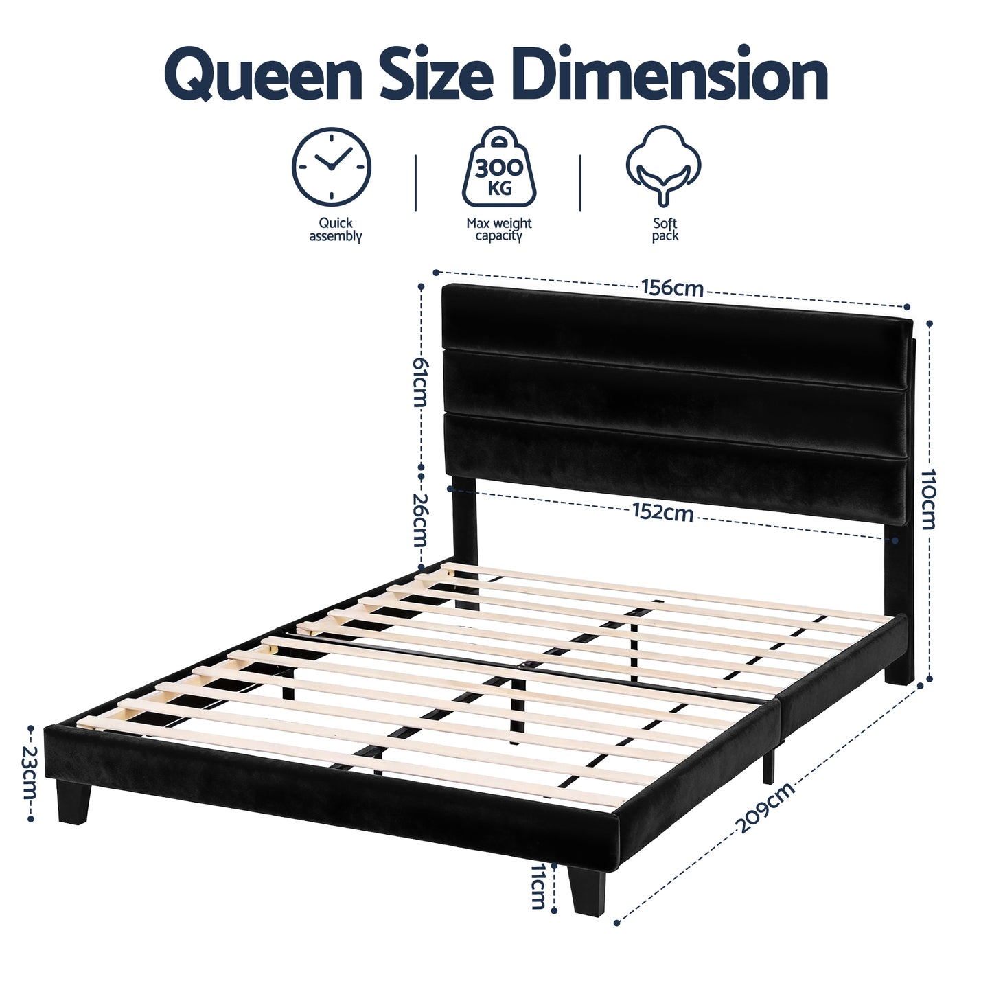 Artiss Queen Bed Frame Upholstered Platform Base with Geometric Headboard Black Velvet BFRAME-H-HUSH-Q-BK-AB
