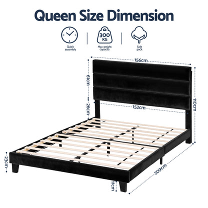 Artiss Queen Bed Frame Upholstered Platform Base with Geometric Headboard Black Velvet BFRAME-H-HUSH-Q-BK-AB
