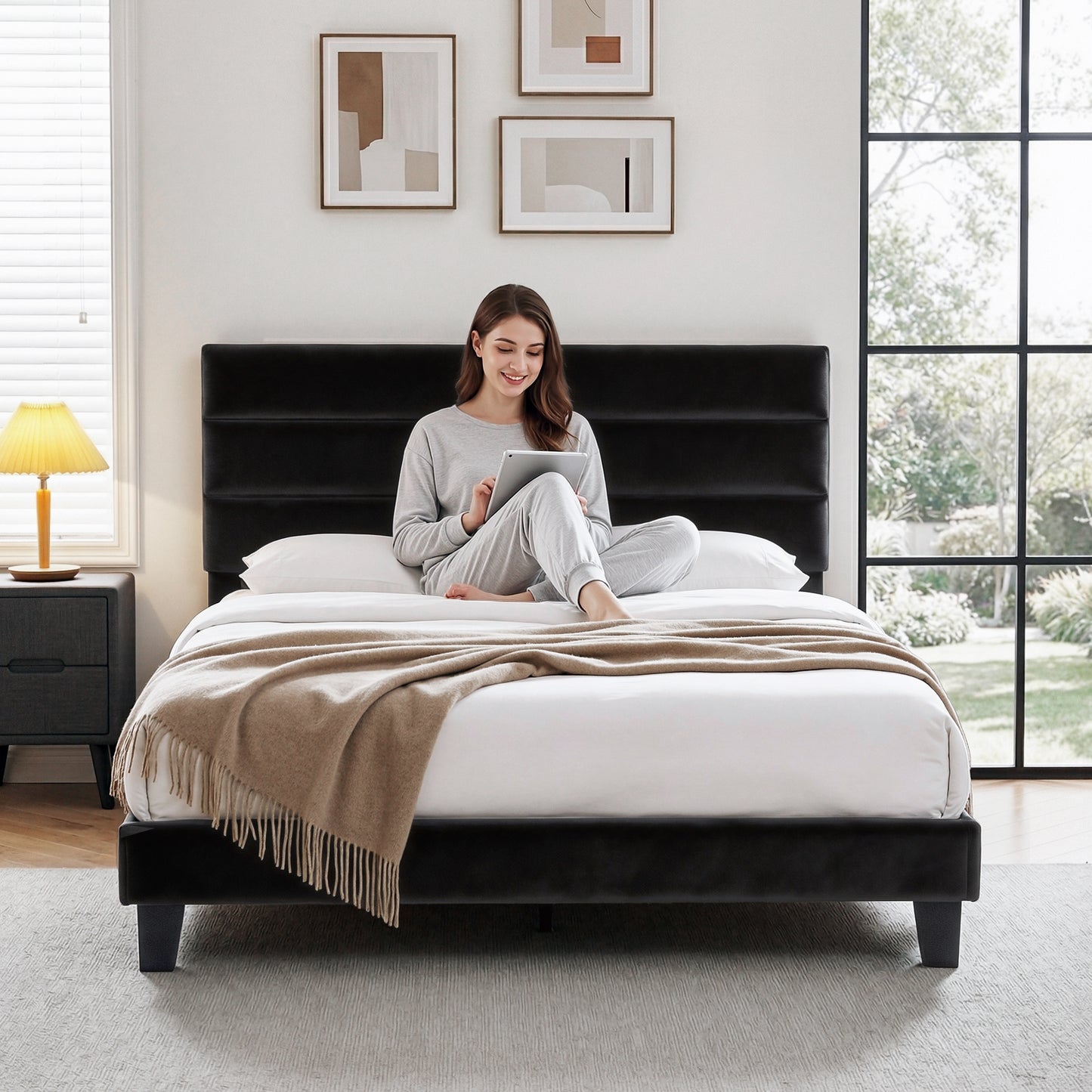 Artiss Queen Bed Frame Upholstered Platform Base with Geometric Headboard Black Velvet BFRAME-H-HUSH-Q-BK-AB