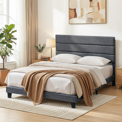 Artiss Queen Bed Frame Upholstered Platform Base with Geometric Headboard Charcoal Grey Linen Wood Slats for BFRAME-H-HUSH-Q-CA-AB