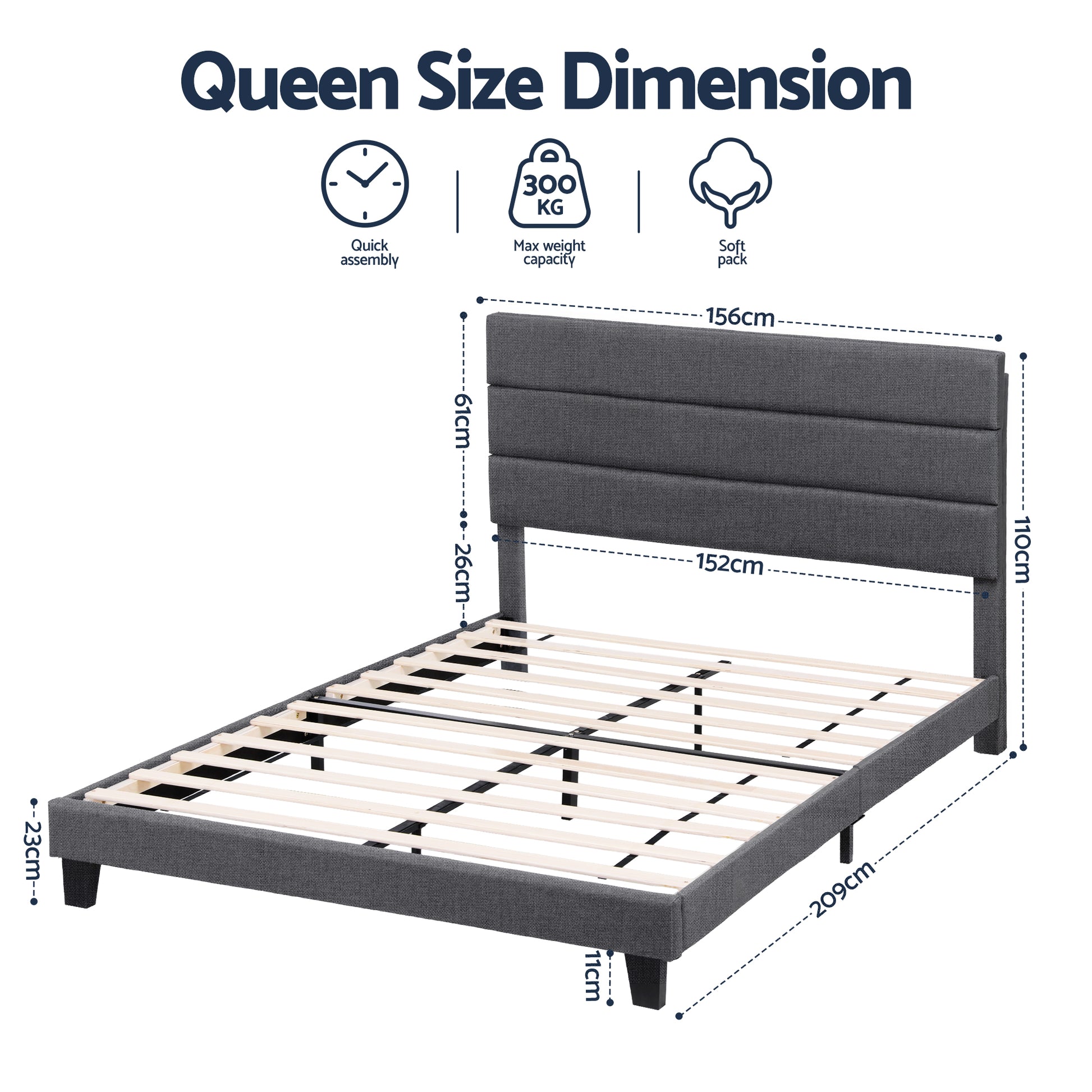 Artiss Queen Bed Frame Upholstered Platform Base with Geometric Headboard Charcoal Grey Linen Wood Slats for BFRAME-H-HUSH-Q-CA-AB