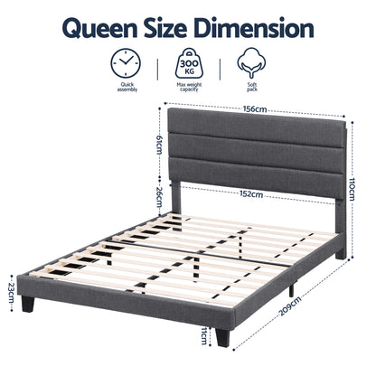 Artiss Queen Bed Frame Upholstered Platform Base with Geometric Headboard Charcoal Grey Linen Wood Slats for BFRAME-H-HUSH-Q-CA-AB