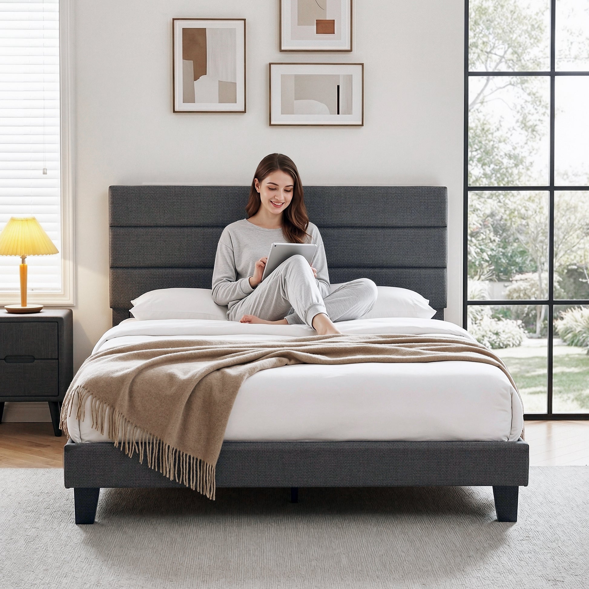 Artiss Queen Bed Frame Upholstered Platform Base with Geometric Headboard Charcoal Grey Linen Wood Slats for BFRAME-H-HUSH-Q-CA-AB