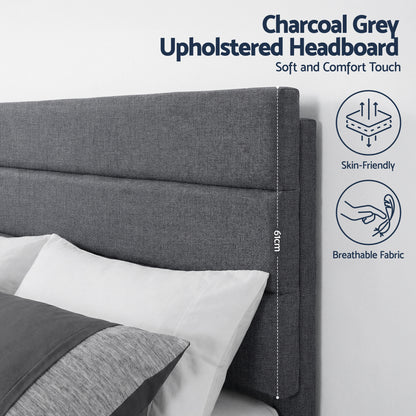 Artiss Queen Bed Frame Upholstered Platform Base with Geometric Headboard Charcoal Grey Linen Wood Slats for BFRAME-H-HUSH-Q-CA-AB