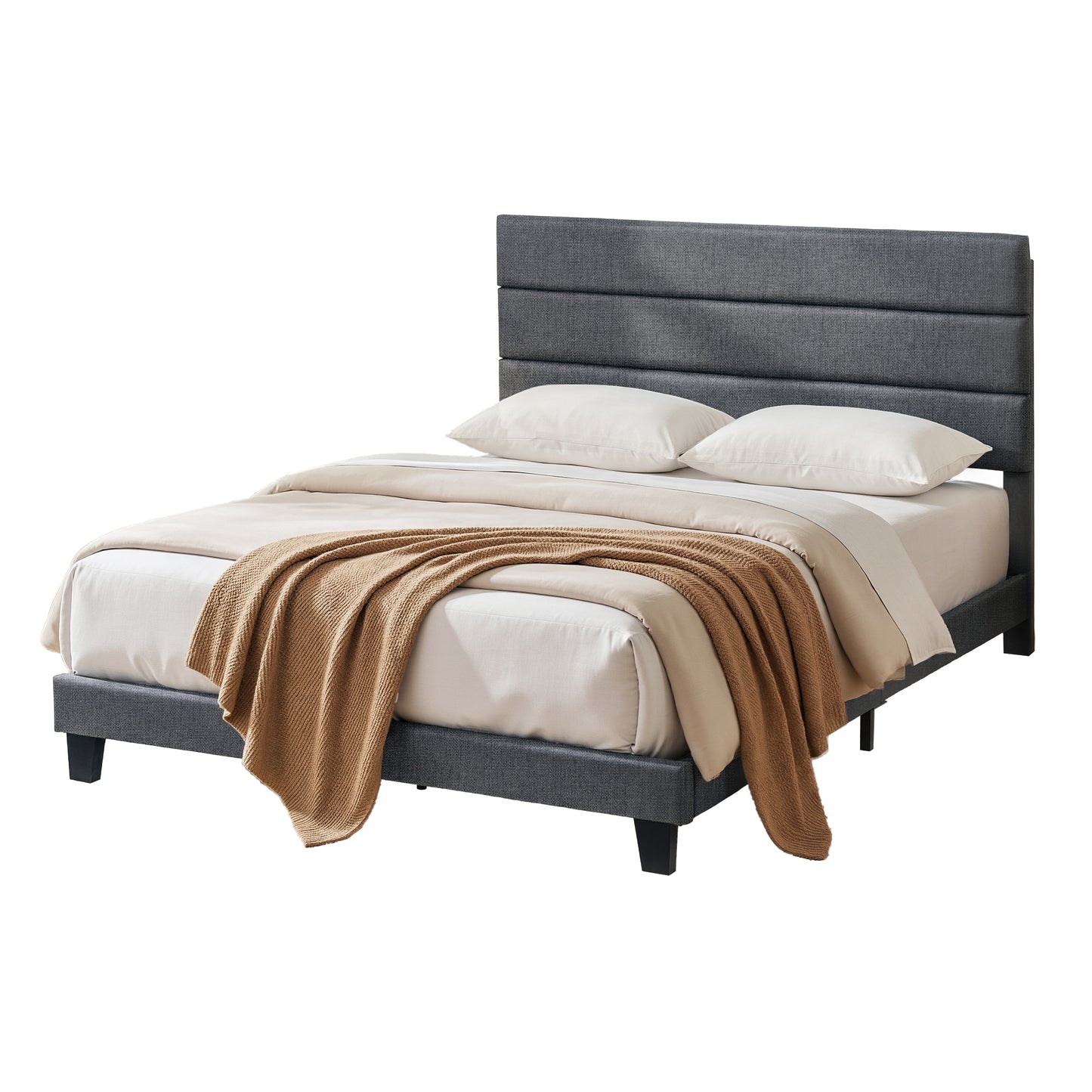 Artiss Queen Bed Frame Upholstered Platform Base with Geometric Headboard Charcoal Grey Linen Wood Slats for BFRAME-H-HUSH-Q-CA-AB
